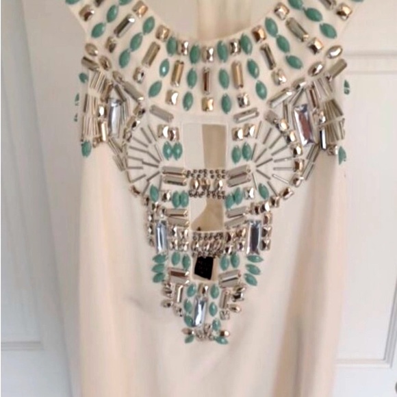 BEBE 100% Silk Ivory Cleo White Tunic Size XXS Embellishments Turquoise gems - Picture 3 of 9